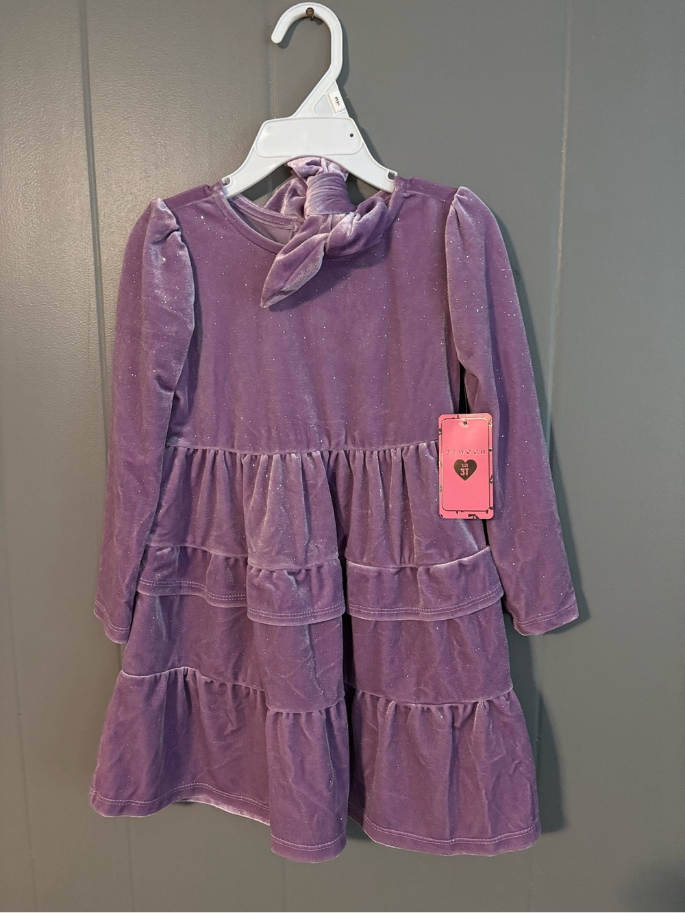 Girls' Purple Velvet Tiered Dress with Neck Tie
